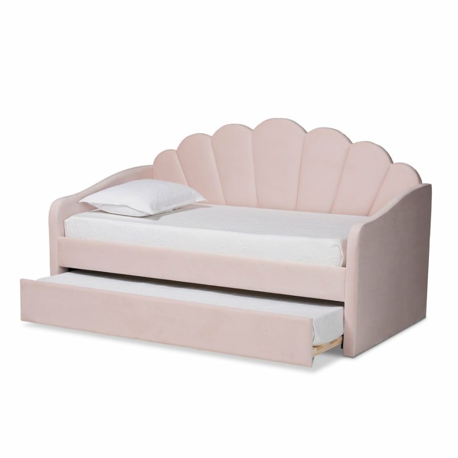 Bed * | Baxton Studio Fashion Timila Modern And Contemporary Light Pink Velvet Fabric Upholstered Full Size Daybed With Trundle