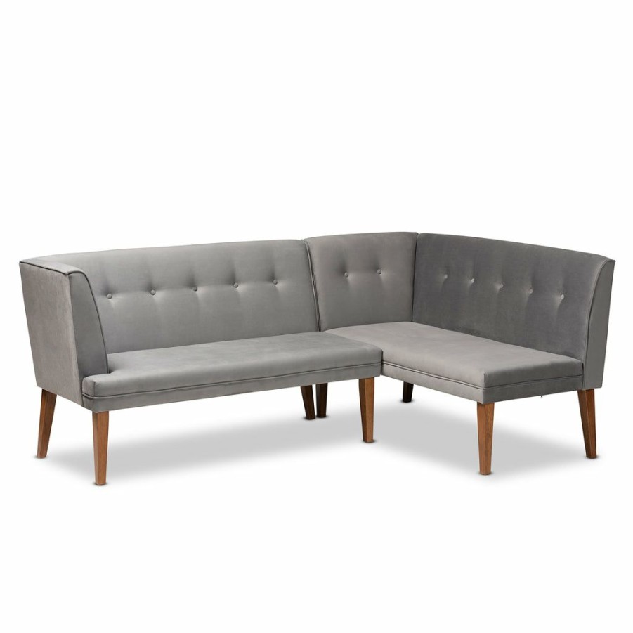 Dining Set * | Baxton Studio Cheaper Stewart Mid-Century Modern Grey Velvet Upholstered And Walnut Brown Finished Wood 2-Piece Dining Nook Banquette Set