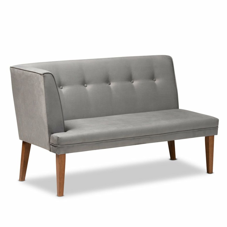 Dining Set * | Baxton Studio Cheaper Stewart Mid-Century Modern Grey Velvet Upholstered And Walnut Brown Finished Wood 2-Piece Dining Nook Banquette Set