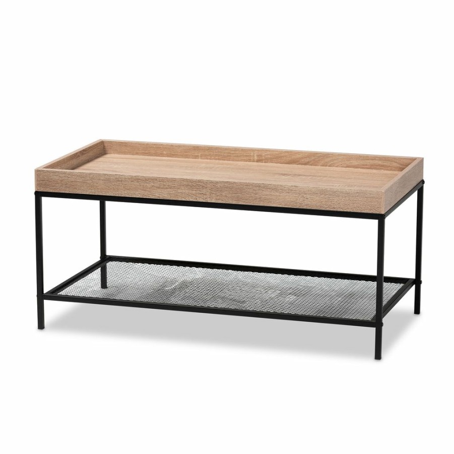 Drawer Table * | Baxton Studio High Quality Overton Modern Industrial Oak Brown Finished Wood And Black Metal Coffee Table