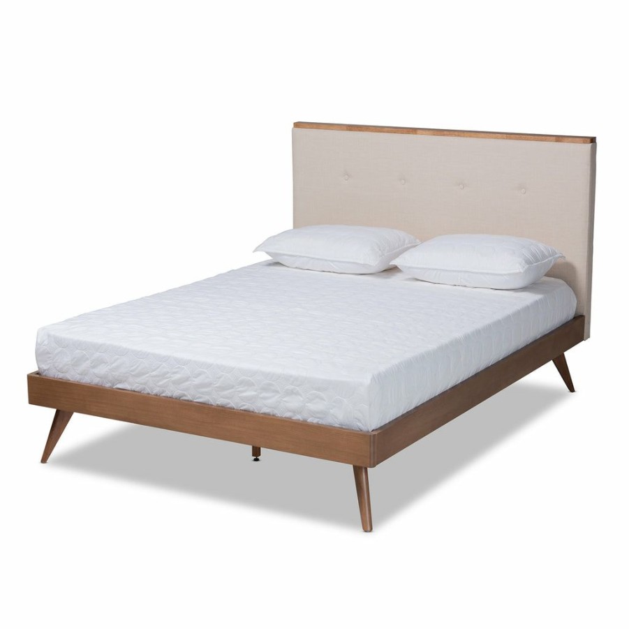 Bed * | Baxton Studio Typical Style Bella Mid-Century Modern Beige Fabric Upholstered And Dark Walnut Brown Finished Wood Queen Size Platform Bed