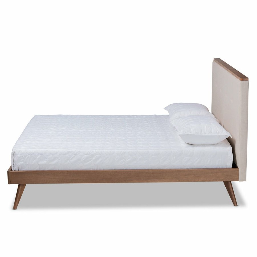 Bed * | Baxton Studio Typical Style Bella Mid-Century Modern Beige Fabric Upholstered And Dark Walnut Brown Finished Wood Queen Size Platform Bed