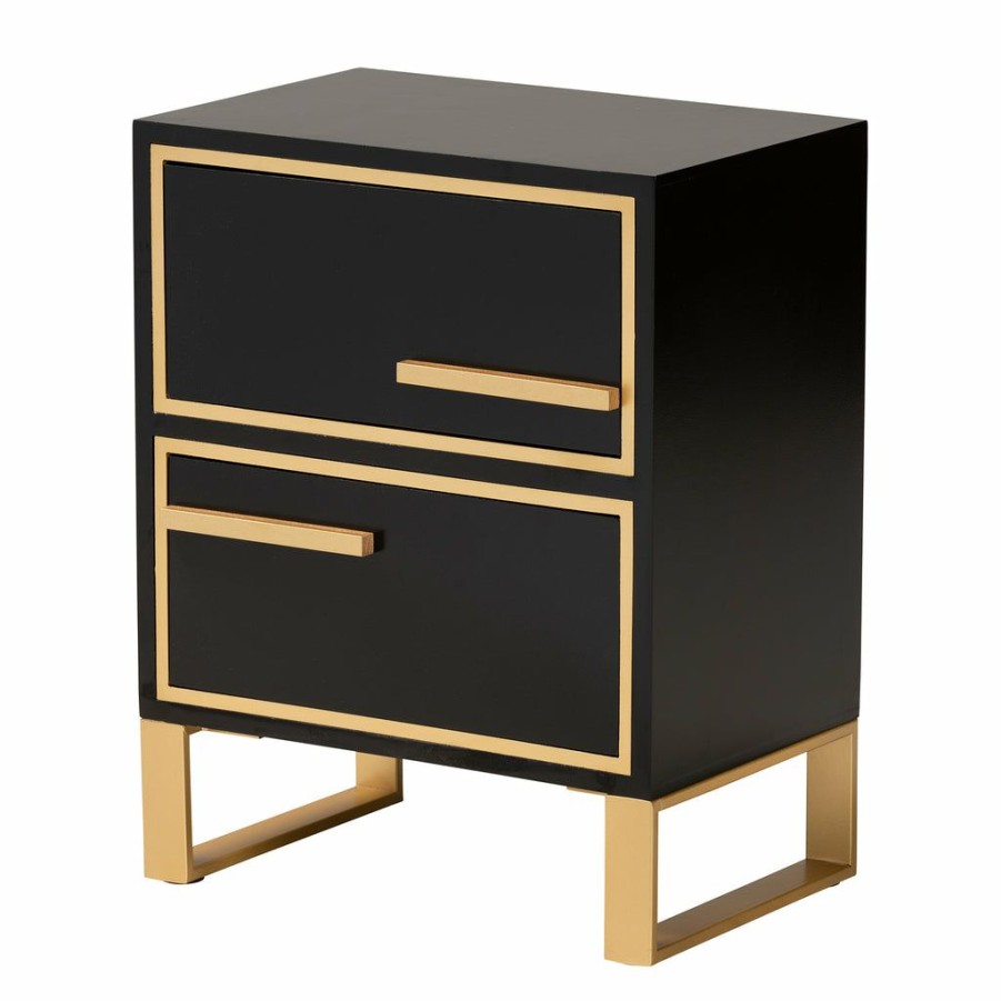 Nightstand * | Baxton Studio Top Sell Giolla Contemporary Glam And Luxe Black Finished Wood And Gold Metal 2-Drawer Nightstand