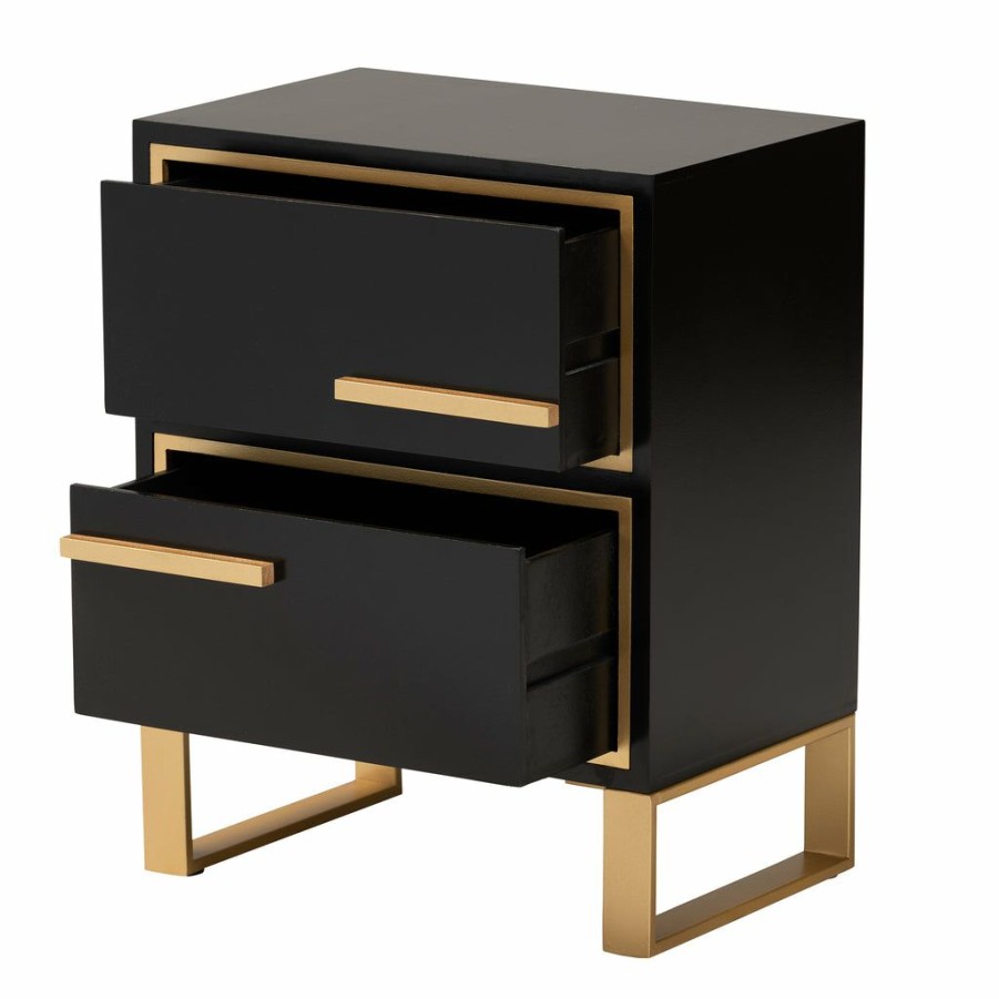 Nightstand * | Baxton Studio Top Sell Giolla Contemporary Glam And Luxe Black Finished Wood And Gold Metal 2-Drawer Nightstand