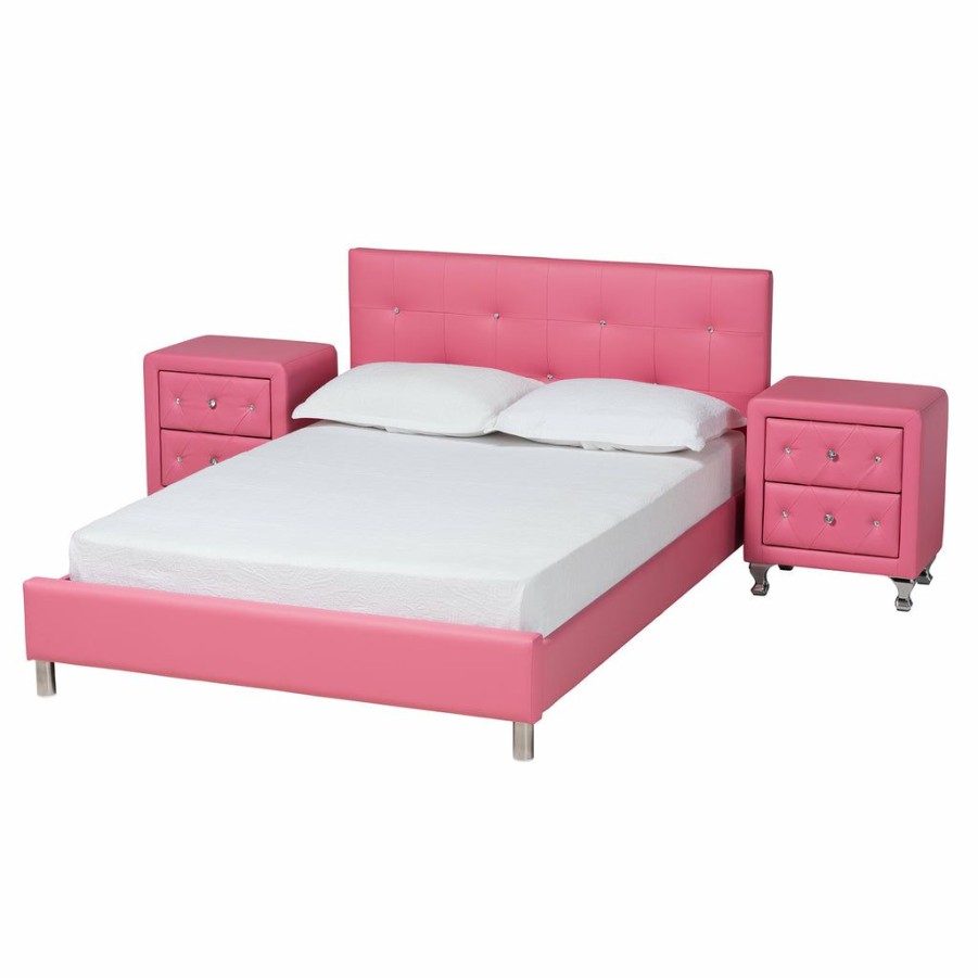 Bed * | Baxton Studio Reliable Quality Barbara Contemporary Glam Pink Faux Leather Upholstered Queen Size 3-Piece Bedroom Set