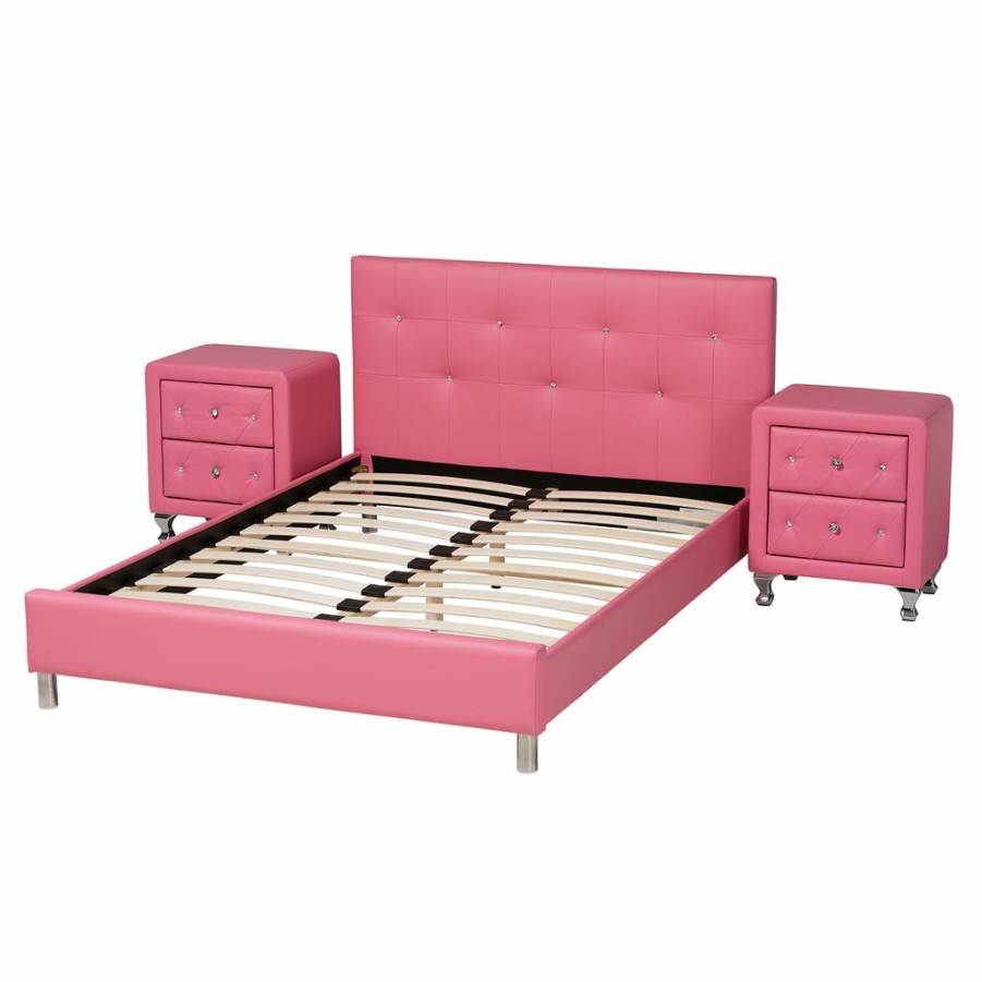 Bed * | Baxton Studio Reliable Quality Barbara Contemporary Glam Pink Faux Leather Upholstered Queen Size 3-Piece Bedroom Set