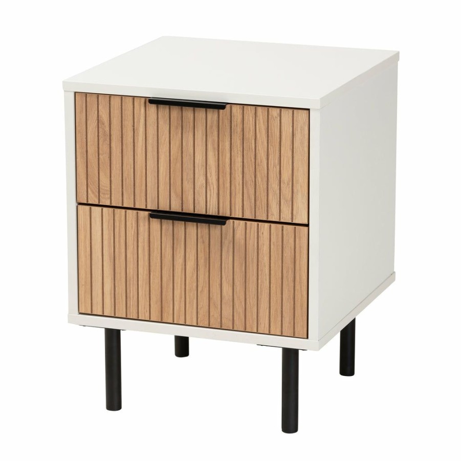 Drawer Table * | Baxton Studio Bestsellers Karima Mid-Century Modern Two-Tone White And Natural Brown Finished Wood And Black Metal 2-Drawer End Table