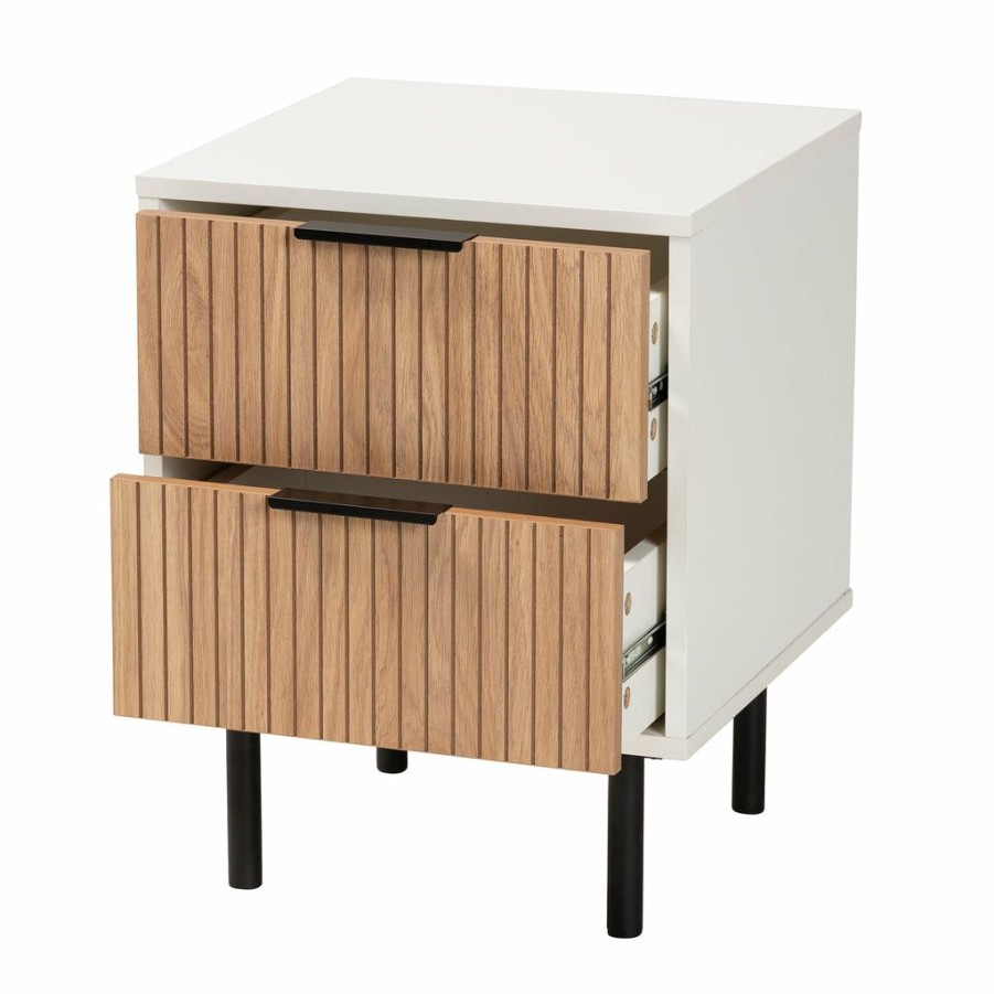 Drawer Table * | Baxton Studio Bestsellers Karima Mid-Century Modern Two-Tone White And Natural Brown Finished Wood And Black Metal 2-Drawer End Table