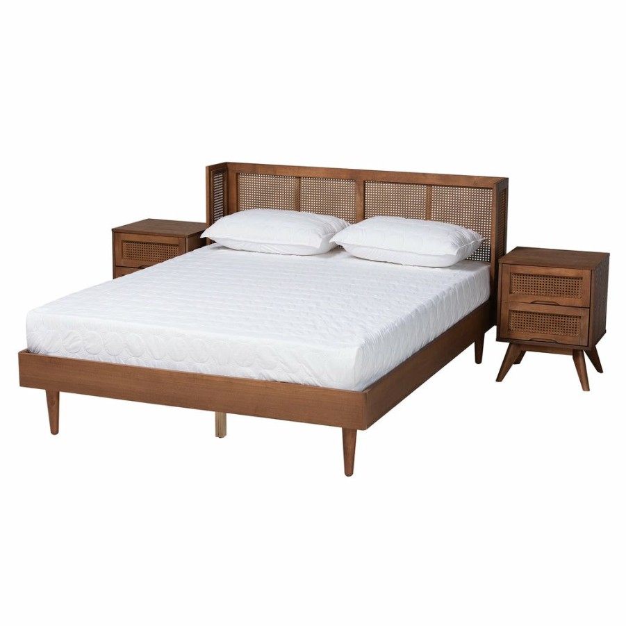 Bed * | Baxton Studio 100% Guarantee Rina Mid-Century Modern Ash Walnut Finished Wood Bedroom Set With Synthetic Rattan