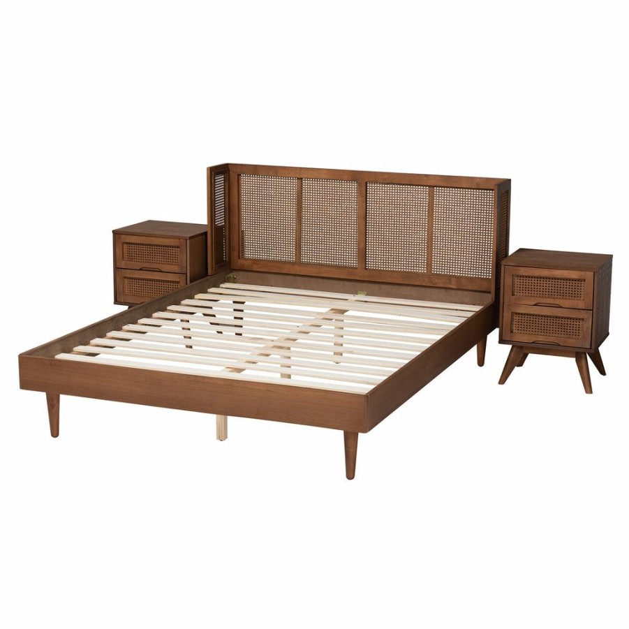 Bed * | Baxton Studio 100% Guarantee Rina Mid-Century Modern Ash Walnut Finished Wood Bedroom Set With Synthetic Rattan