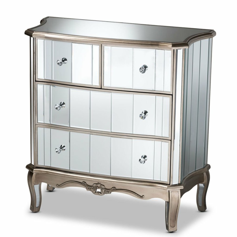 Shoe Cabinet * | Baxton Studio 100% Guarantee Elgin Contemporary Glam And Luxe Brushed Silver Finished Wood And Mirrored Glass 4-Drawer Cabinet