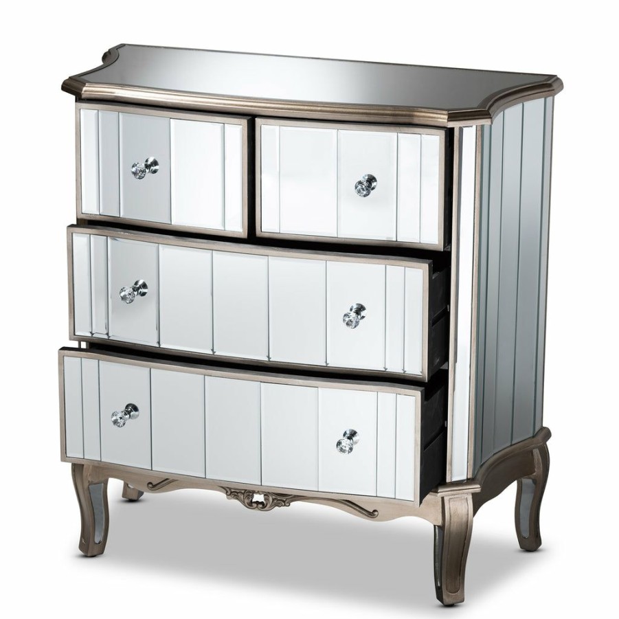 Shoe Cabinet * | Baxton Studio 100% Guarantee Elgin Contemporary Glam And Luxe Brushed Silver Finished Wood And Mirrored Glass 4-Drawer Cabinet