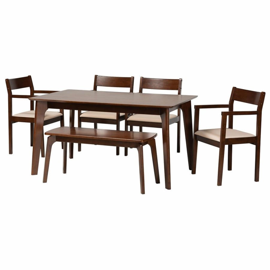 Dining Set * | Baxton Studio Attractive Helene Mid-Century Modern Cream Fabric And Dark Brown Finished Wood Dining Set Cream/Dark Brown