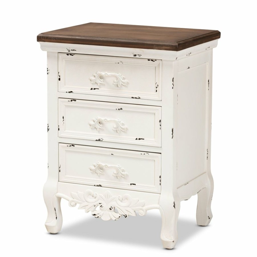 Nightstand * | Baxton Studio Best Price Levron Classic And Traditional Walnut Brown And Antique White Finished Wood 3-Drawer Nightstand