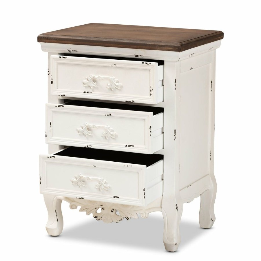 Nightstand * | Baxton Studio Best Price Levron Classic And Traditional Walnut Brown And Antique White Finished Wood 3-Drawer Nightstand