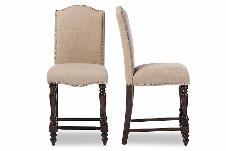 Dining Chair * | Baxton Studio High Quality Zachary Chic French Vintage Oak Brown Beige Linen Fabric Upholstered Counter Height Dining Chair (Set Of 2)