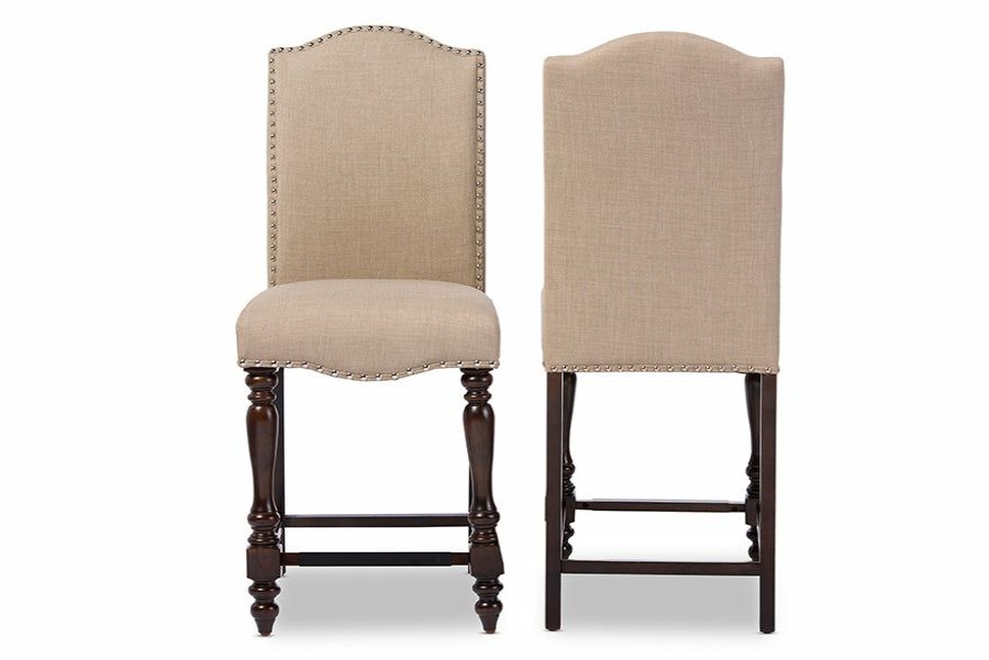 Dining Chair * | Baxton Studio High Quality Zachary Chic French Vintage Oak Brown Beige Linen Fabric Upholstered Counter Height Dining Chair (Set Of 2)