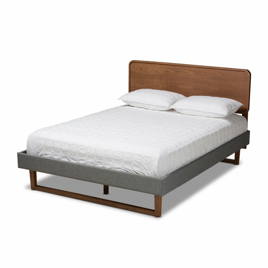 Bed * | Baxton Studio Typical Style Ayla Mid-Century Modern Dark Grey Fabric Upholstered Walnut Brown Finished Wood Queen Size Platform Bed