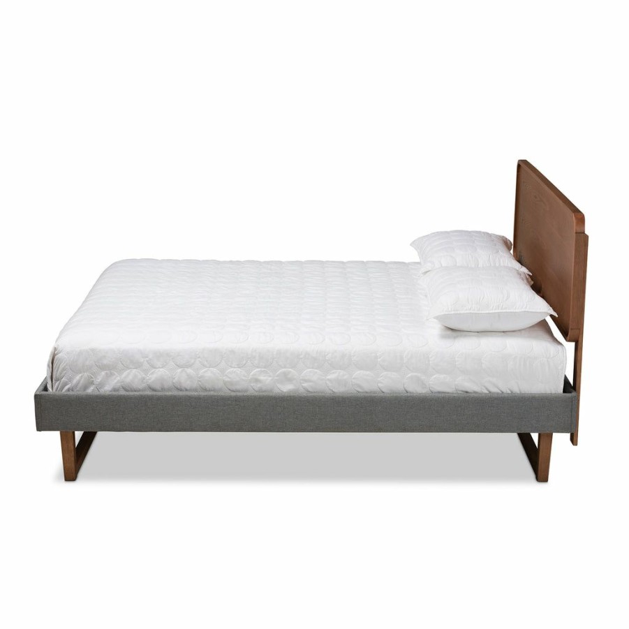 Bed * | Baxton Studio Typical Style Ayla Mid-Century Modern Dark Grey Fabric Upholstered Walnut Brown Finished Wood Queen Size Platform Bed