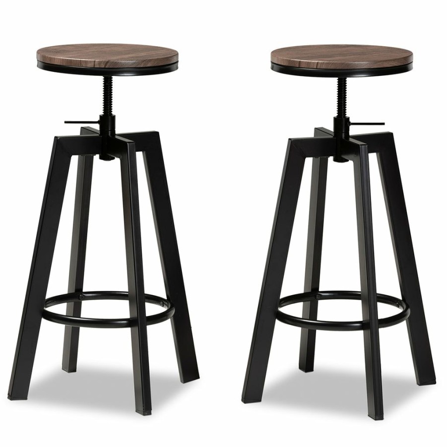 Drawer Table * | Baxton Studio Reliable Quality Maritta Vintage Industrial Rustic Walnut Finished Wood And Black Metal 2-Piece Adjustable Swivel Bar Stool Set