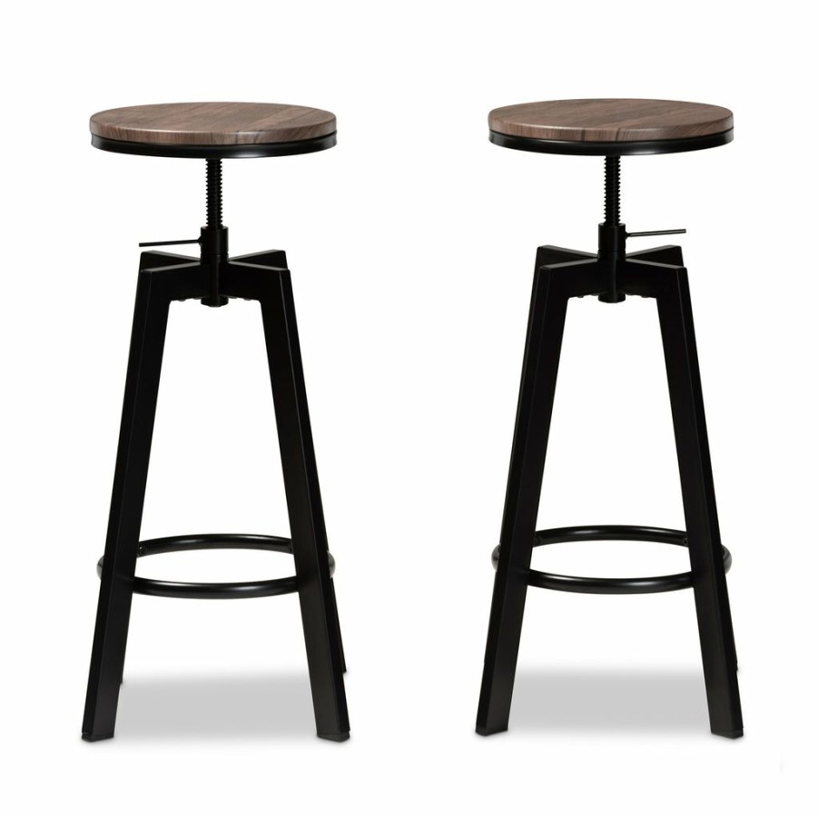 Drawer Table * | Baxton Studio Reliable Quality Maritta Vintage Industrial Rustic Walnut Finished Wood And Black Metal 2-Piece Adjustable Swivel Bar Stool Set