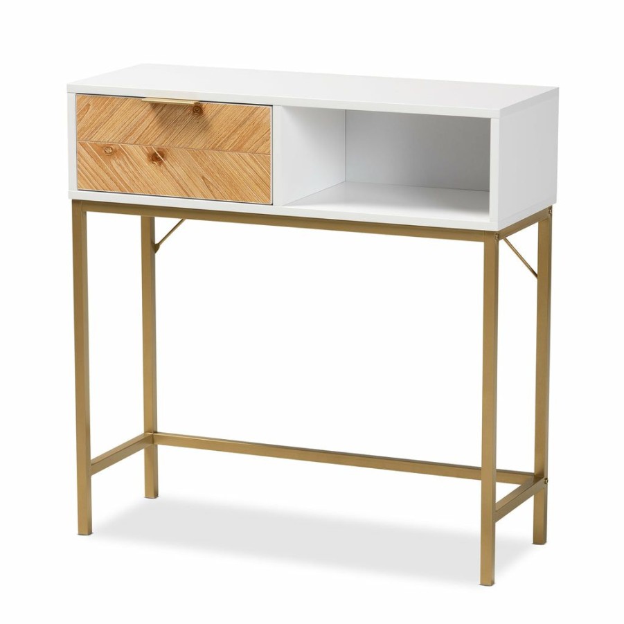 Drawer Table * | Baxton Studio Typical Style Giona Modern And Contemporary Two-Tone Oak Brown And White Finished Wood And Gold Metal 1-Drawer Console Table