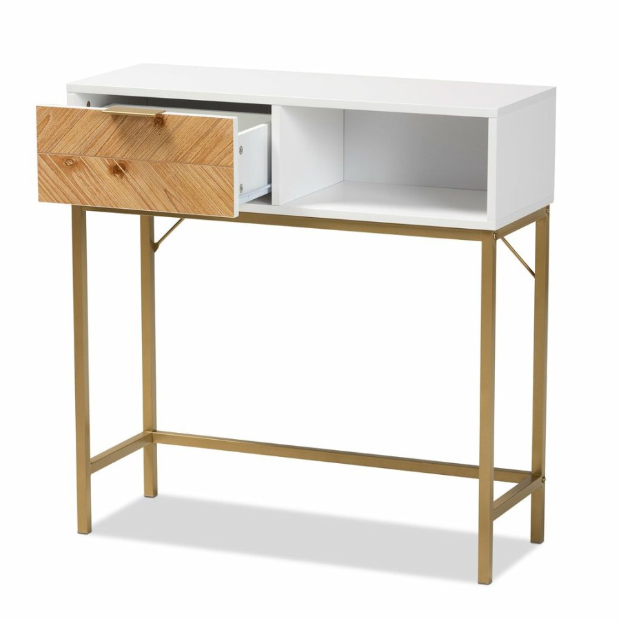 Drawer Table * | Baxton Studio Typical Style Giona Modern And Contemporary Two-Tone Oak Brown And White Finished Wood And Gold Metal 1-Drawer Console Table