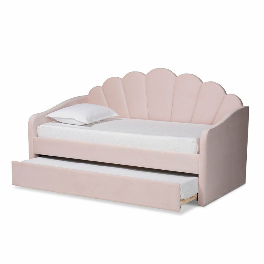 Bed * | Baxton Studio Typical Style Timila Modern And Contemporary Light Pink Velvet Fabric Upholstered Twin Size Daybed With Trundle