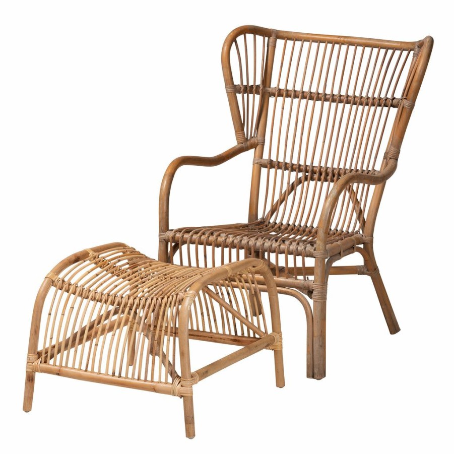 Chair * | Baxton Studio Discount Lamaria Modern Bohmenian Natural Brown Antique Rattan 2-Piece Chair And Footstool Set