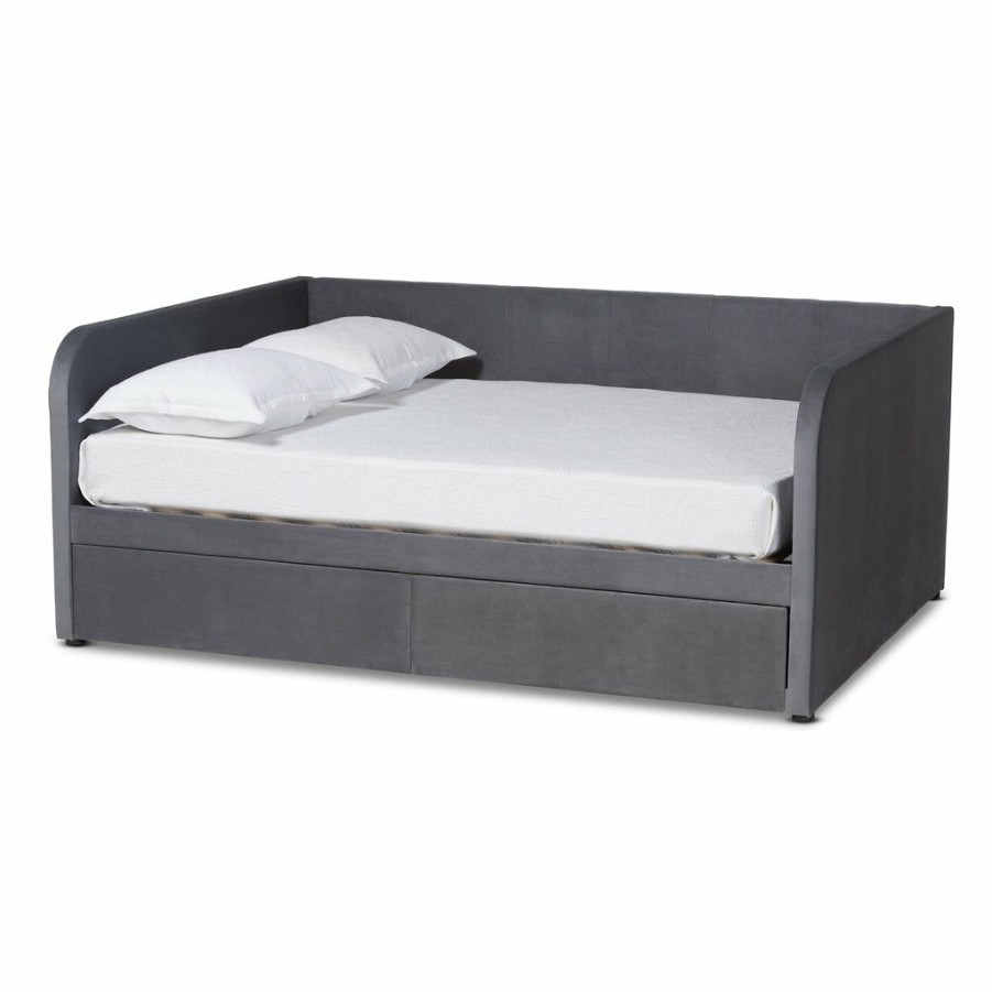 Bed * | Baxton Studio Typical Style Basanti Modern And Contemporary Grey Velvet Fabric Upholstered Full Size 2-Drawer Daybed