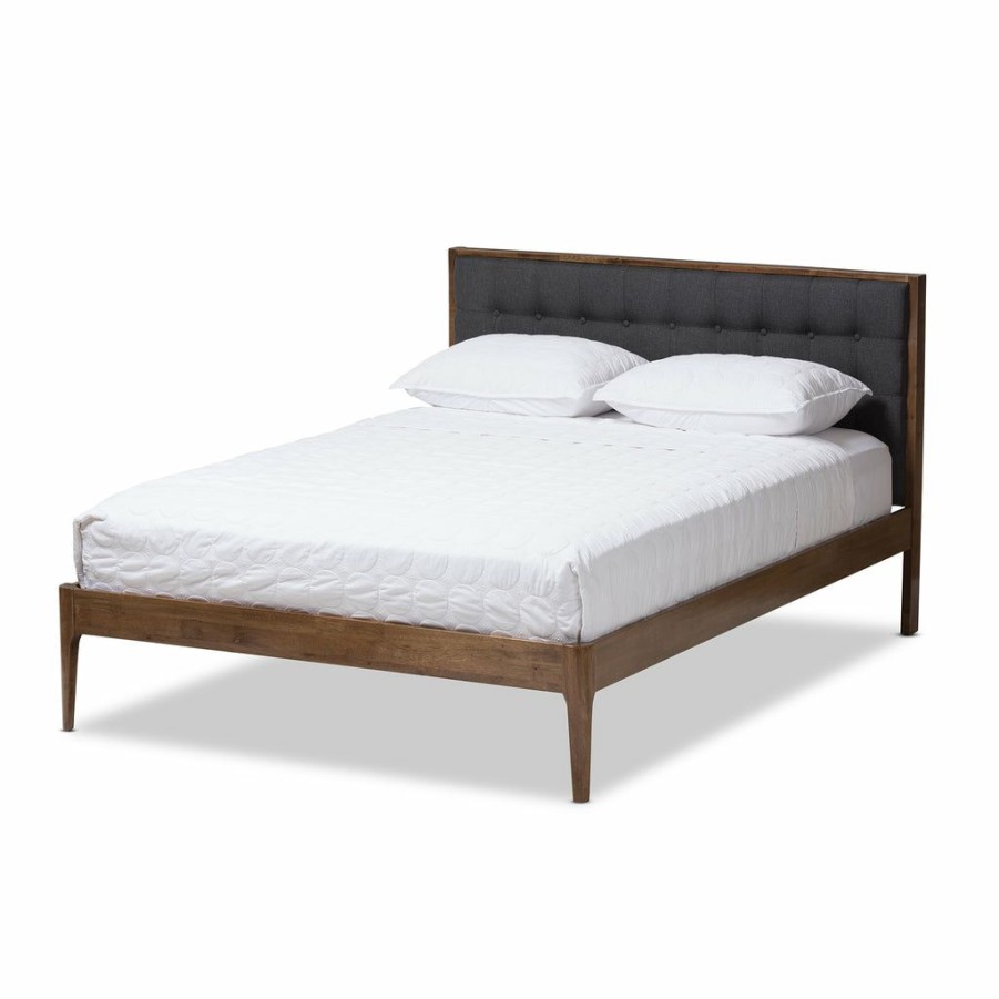 Bed * | Baxton Studio Best Price Jupiter Mid-Century Modern Grey Fabric Upholstered Button-Tufted Full Size Platform Bed