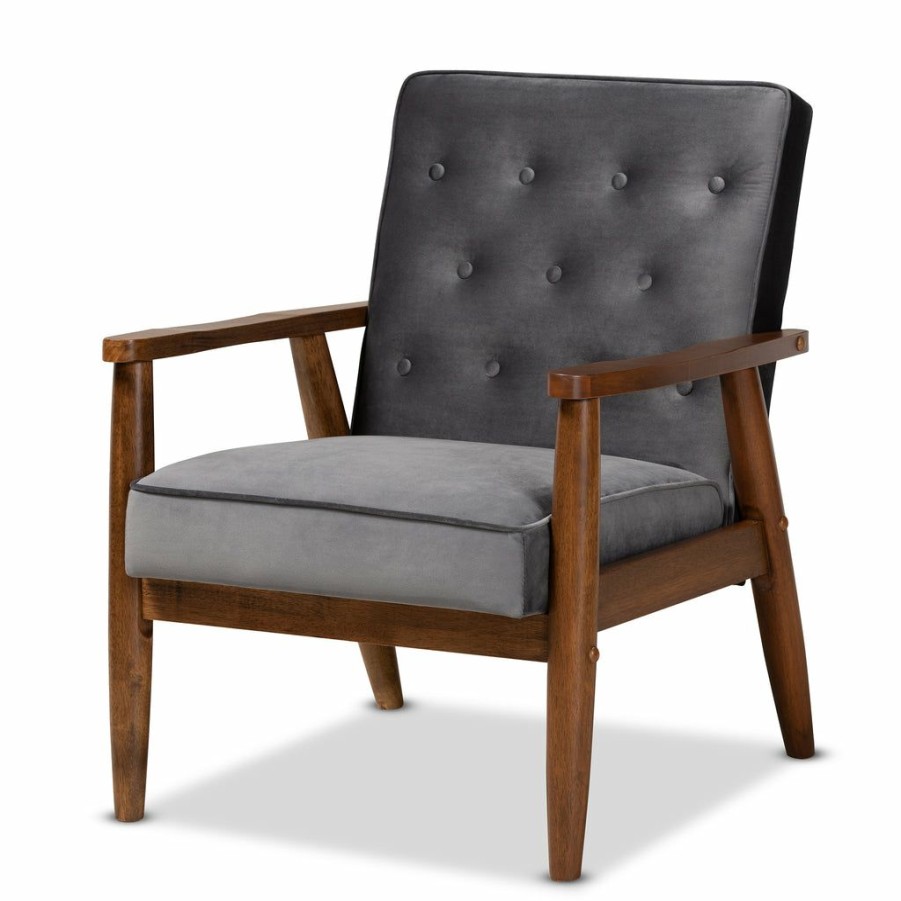 Chair * | Baxton Studio Less Expensive Sorrento Mid-Century Velvet Fabric Upholstered Walnut Finished Wooden Lounge Chair