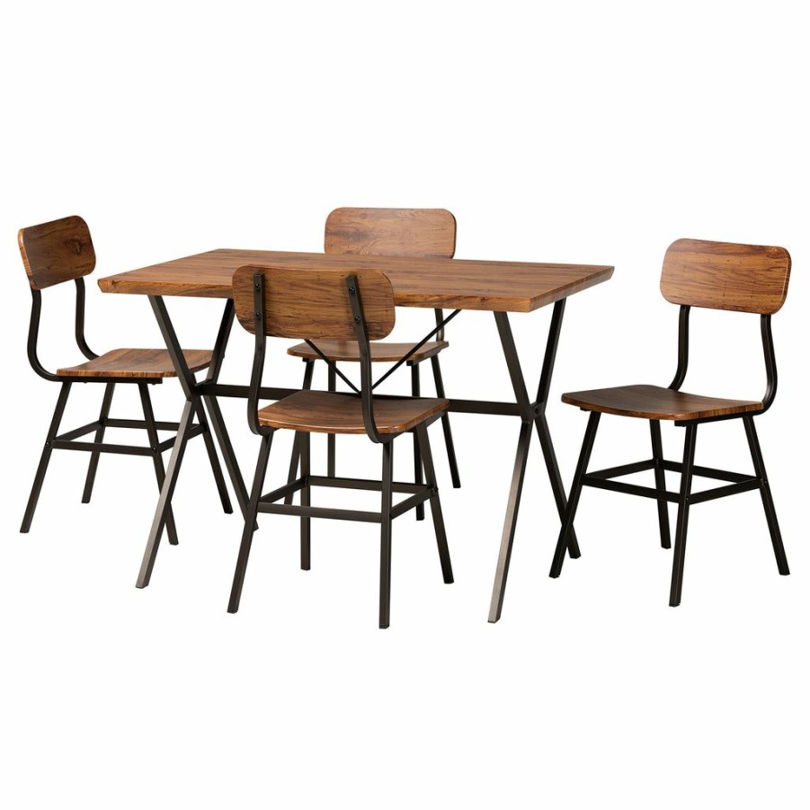 Dining Set * | Baxton Studio Top Sell Irwin Modern Industrial Walnut Brown Finished Wood And Black Metal 5-Piece Dining Set