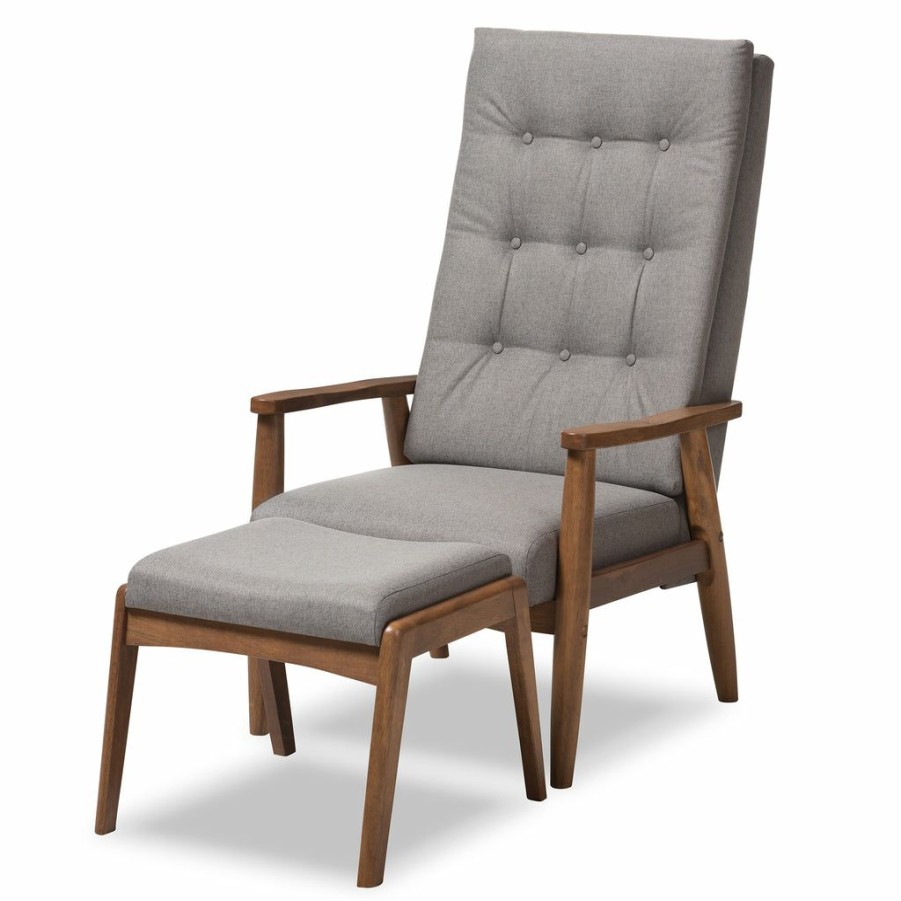 Chair * | Baxton Studio Less Expensive Roxy Mid-Century Modern Walnut Wood Fabric Upholstered Button Tufted High Back Lounge Chair And Ottoman Set