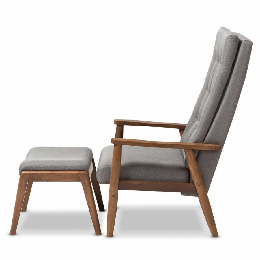 Chair * | Baxton Studio Less Expensive Roxy Mid-Century Modern Walnut Wood Fabric Upholstered Button Tufted High Back Lounge Chair And Ottoman Set