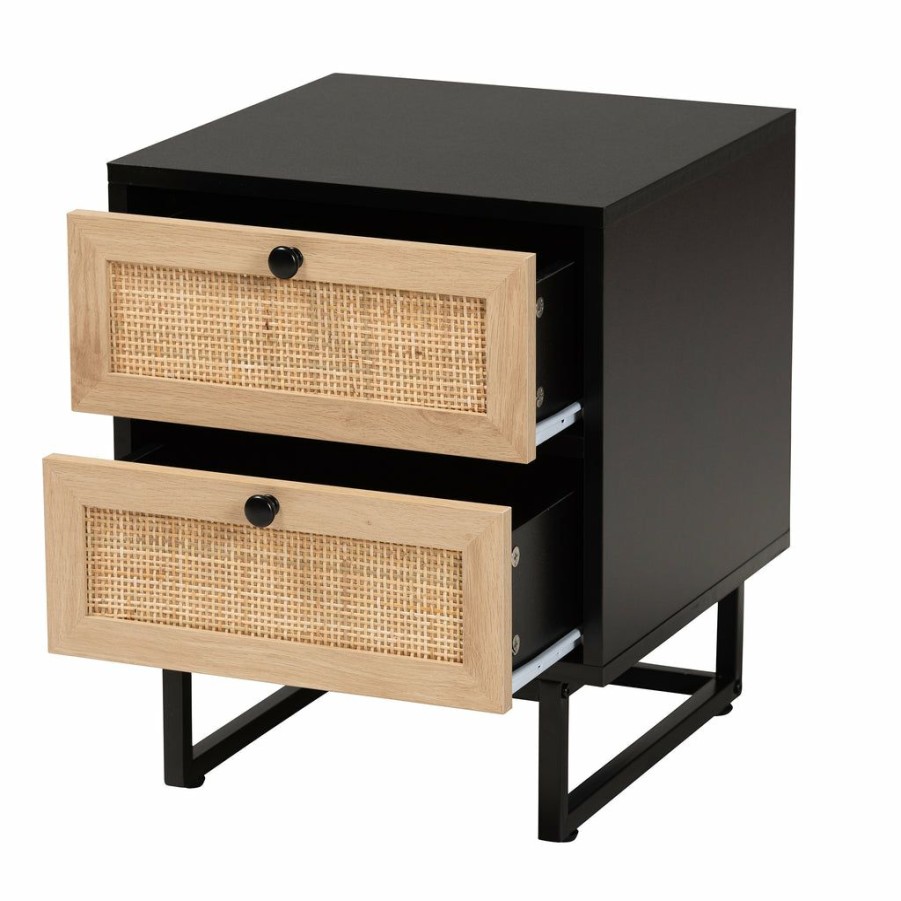 Nightstand * | Baxton Studio Attractive Declan Mid-Century Modern Espresso Brown Finished Wood And Natural Rattan 2-Drawer Nightstand