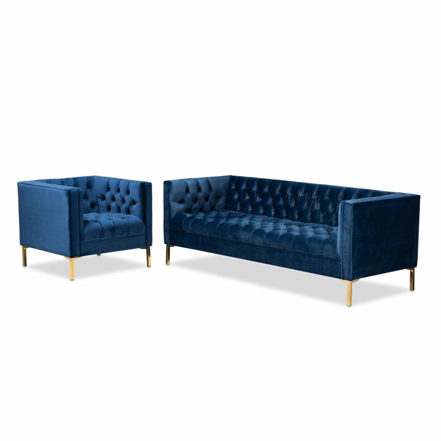 Sofa * | Baxton Studio Discount Zanetta Glam And Luxe Navy Velvet Upholstered Gold Finished 2-Piece Sofa And Lounge Chair Set