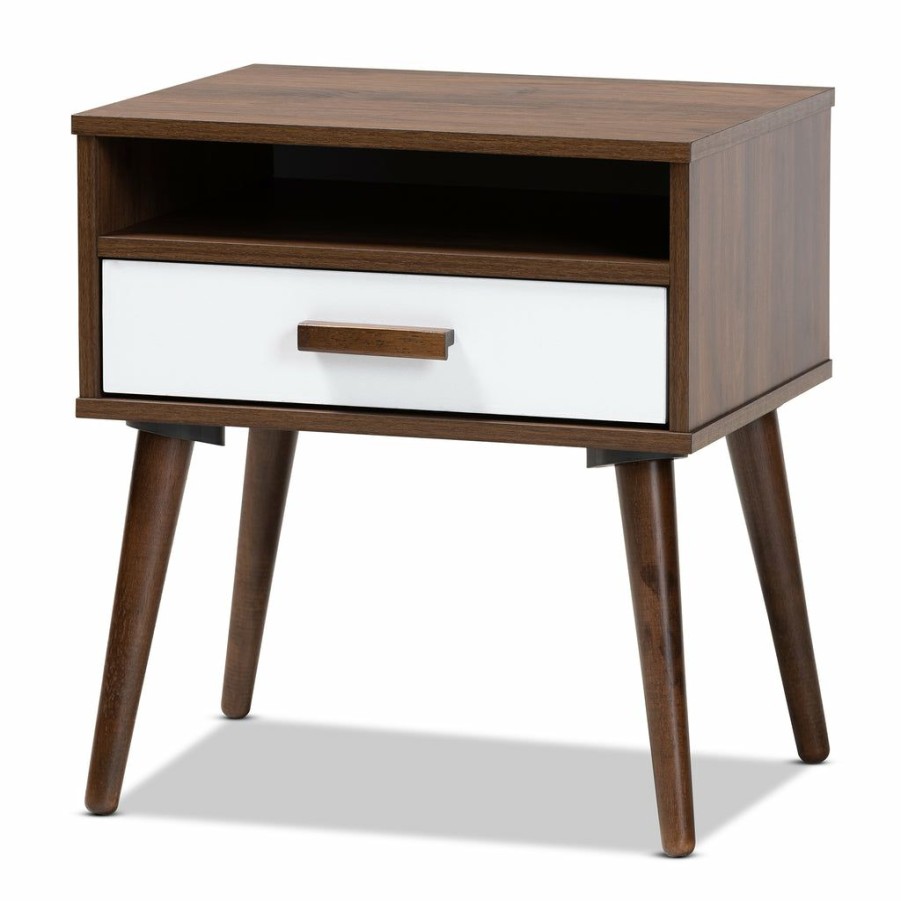 Drawer Table * | Baxton Studio Typical Style Quinn Mid-Century Modern Two-Tone White And Walnut Finished 1-Drawer Wood End Table