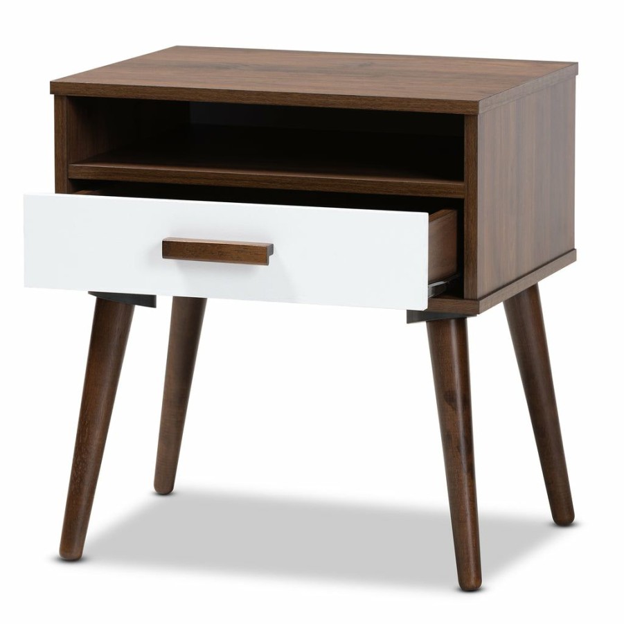 Drawer Table * | Baxton Studio Typical Style Quinn Mid-Century Modern Two-Tone White And Walnut Finished 1-Drawer Wood End Table