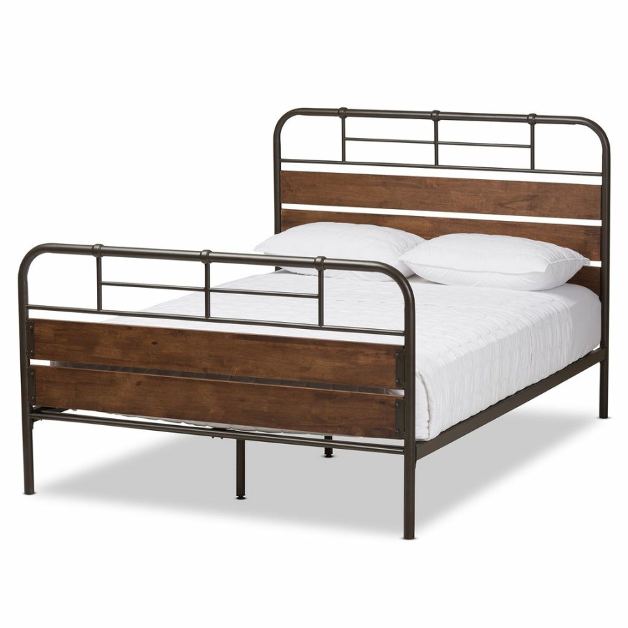 Bed * | Baxton Studio Fashion Monoco Rustic Industrial Black Finished Metal Coco Brown Wood Queen Size Platform Bed