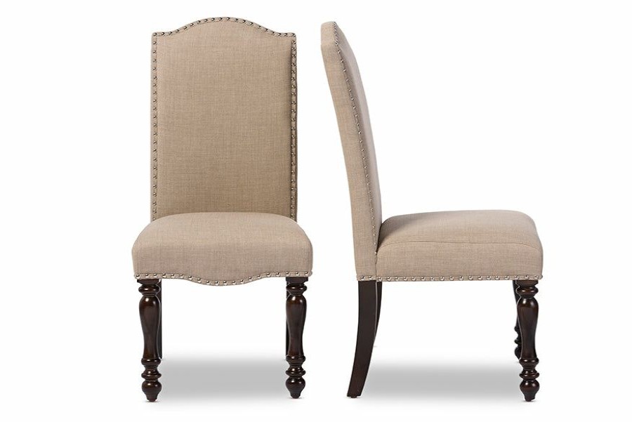 Dining Chair * | Baxton Studio Less Expensive Zachary Chic French Vintage Oak Brown Beige Linen Fabric Upholstered Dining Chair (Set Of 2)