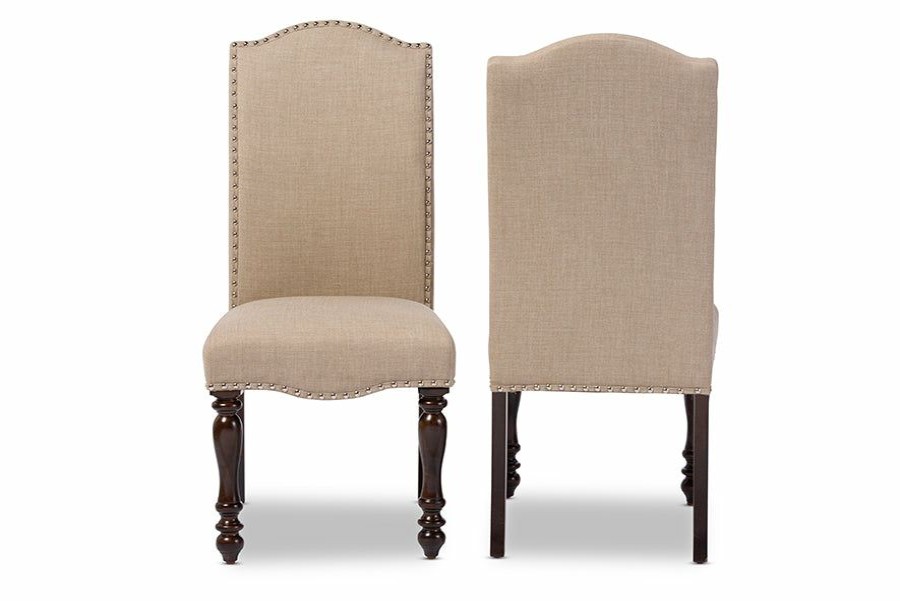 Dining Chair * | Baxton Studio Less Expensive Zachary Chic French Vintage Oak Brown Beige Linen Fabric Upholstered Dining Chair (Set Of 2)