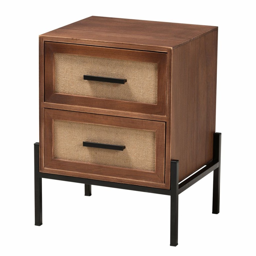 Drawer Table * | Baxton Studio Low Price Paxley Mid-Century Modern Industrial Walnut Brown Finished Wood And Beige Fabric 2-Drawer End Table