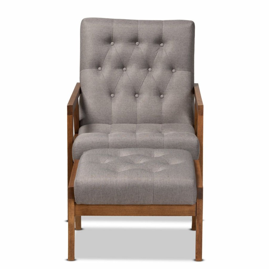 Chair * | Baxton Studio Typical Style Naeva Mid-Century Modern Grey Fabric Upholstered Walnut Finished Wood 2-Piece Armchair And Footstool Set