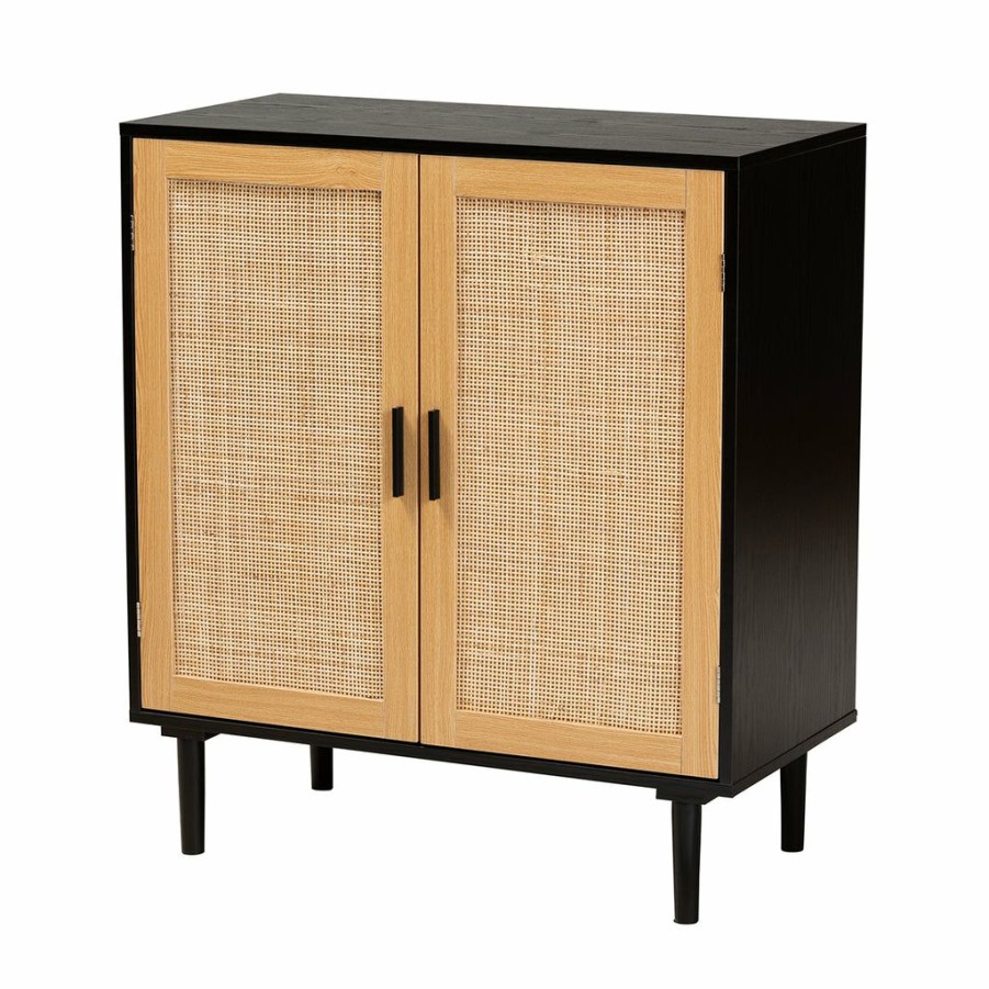 Shoe Cabinet * | Baxton Studio Less Expensive Maureen Mid-Century Modern Espresso Brown Wood And Rattan 2-Door Storage Cabinet