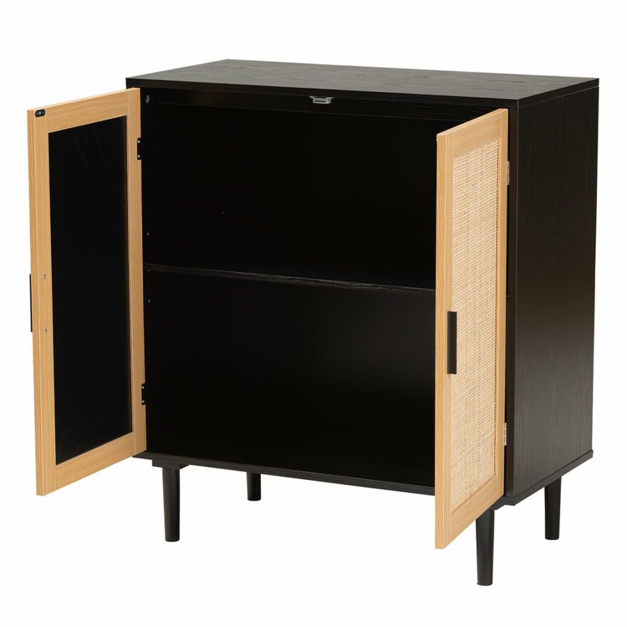 Shoe Cabinet * | Baxton Studio Less Expensive Maureen Mid-Century Modern Espresso Brown Wood And Rattan 2-Door Storage Cabinet