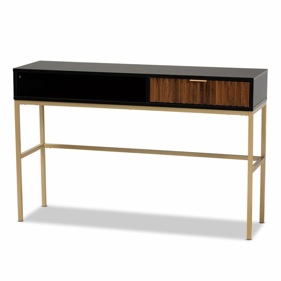 Drawer Table * | Baxton Studio Fashion Uriel Mid-Century Modern Transitional Two-Tone Natural Brown And Black Finished Wood And Brushed Gold Metal 1-Drawer Console Table