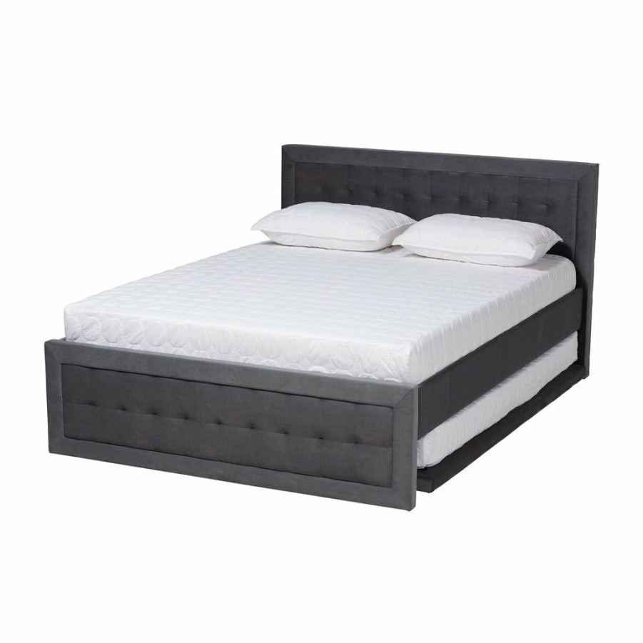 Bed * | Baxton Studio Best Price Tegan Modern And Contemporary Grey Velvet Fabric Upholstered Full Size Platform Bed With Trundle