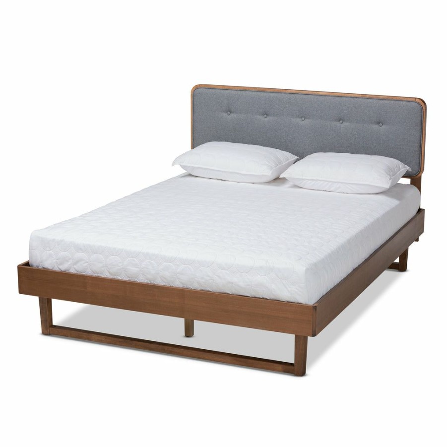 Bed * | Baxton Studio Attractive Natalia Mid-Century Modern Fabric Upholstered And Ash Walnut Finished Wood Queen Size Platform Bed