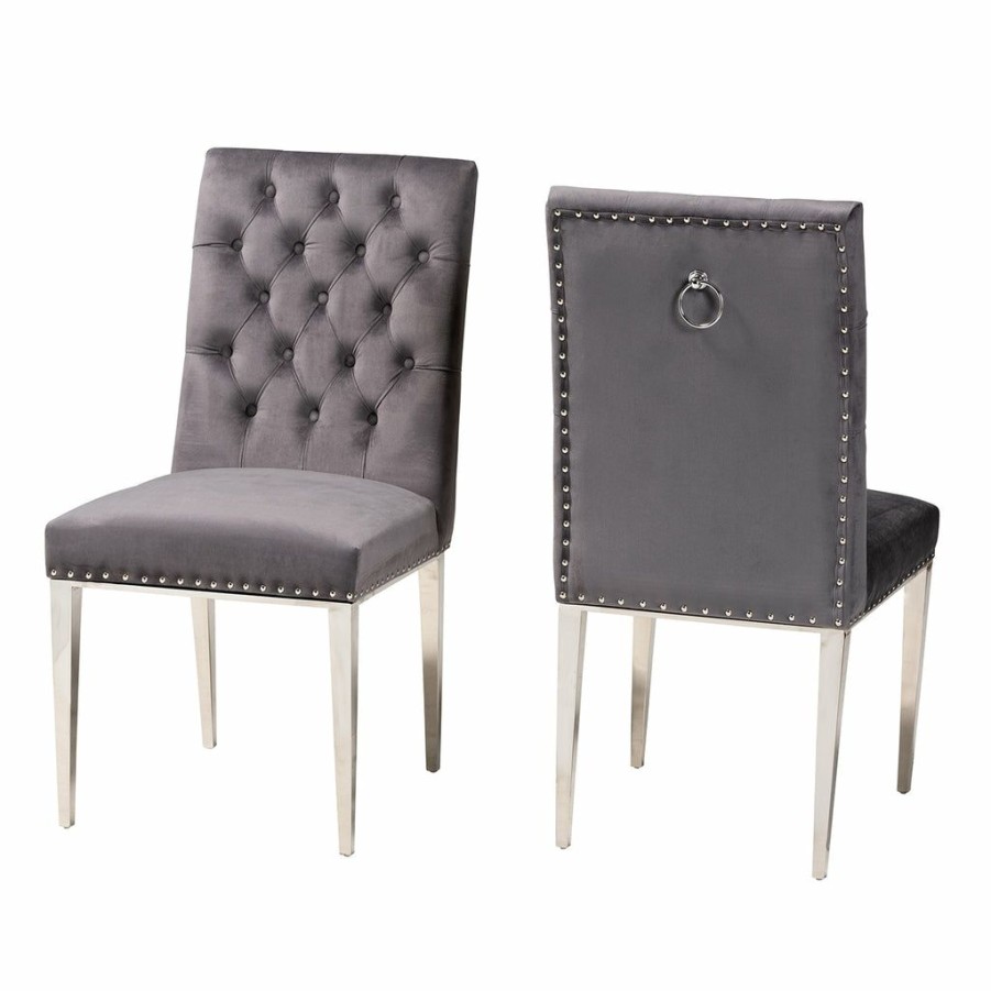 Dining Chair * | Baxton Studio Fashion Caspera Contemporary Glam And Luxe Grey Velvet Fabric And Silver Metal 2-Piece Dining Chair Set